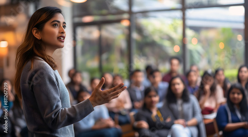 A young Indian woman is giving an elegant presentation in front of her team, standing confidently looking directly at them and engaging their attention during a work meeting or training session 