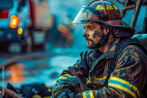 A tired firefighter sits on the ground, covered in mud and sweat. He is wearing a yellow and red helmet and a yellow jacket.