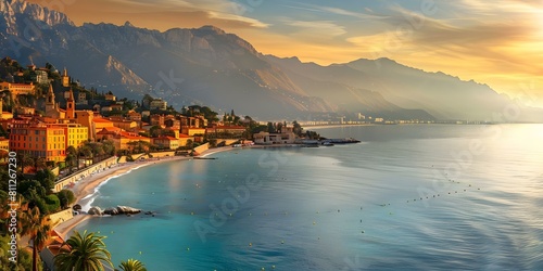 Scenic view of Menton town in French Riviera with beautiful beaches. Concept Travel Photography, French Riviera, Beautiful Beaches, Scenic Views, Menton Town © Ян Заболотний