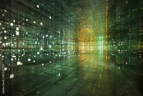 A large room filled with numerous bright lights resembling a matrixlike grid, A matrix-like grid of information photo