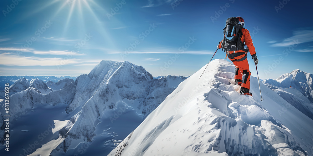 Mountaineer Reaching Snowy Summit