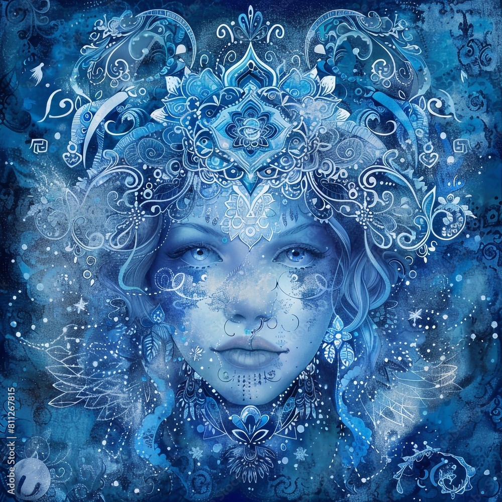 In a mystical blue design, Aquarius is depicted with intricate patterns and mandalas in an artistic illustration depicting the zodiac signs, Aquarius. In a mystical blue design, Aquarius is depicted with intricate patterns and mandalas in an artistic illustration depicting the zodiac signs, Aquarius.