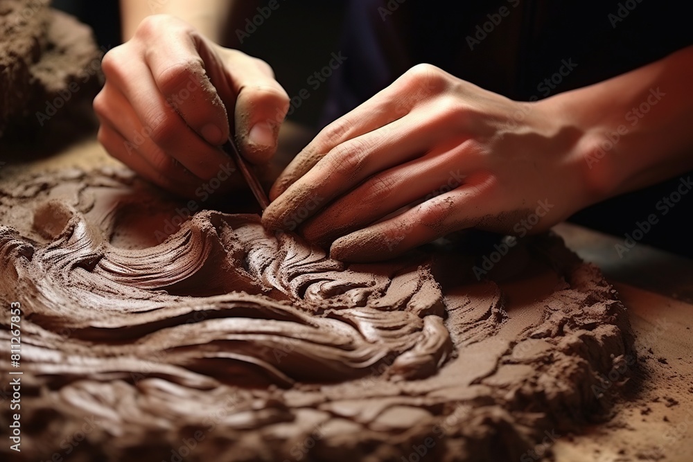 Female potter working with clay on table in workshop, closeup
