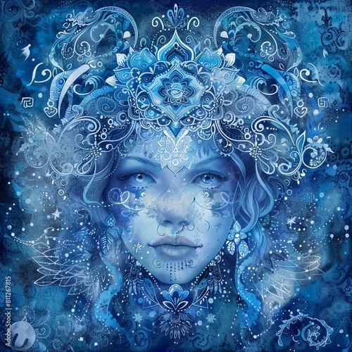 In a mystical blue design  Aquarius is depicted with intricate patterns and mandalas in an artistic illustration depicting the zodiac signs  Aquarius.