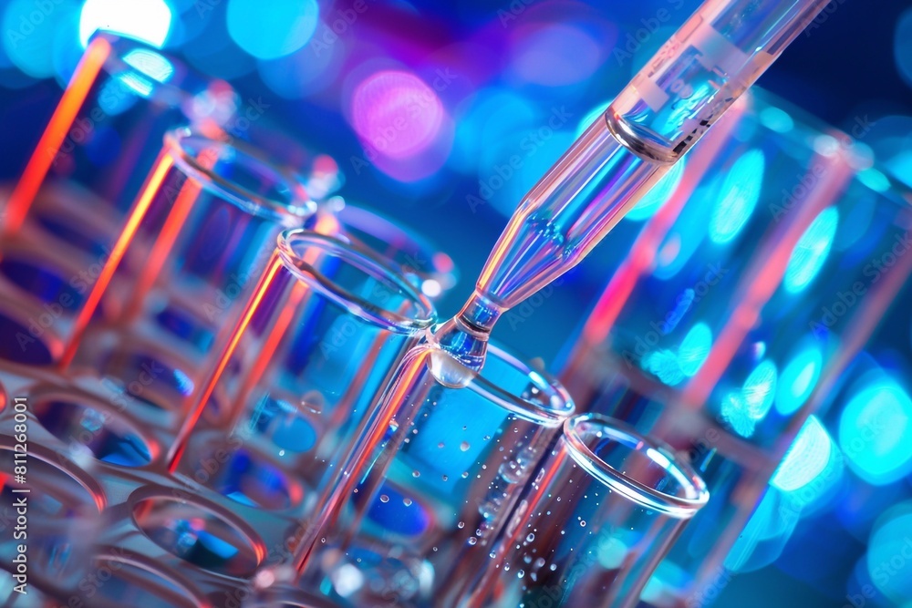 Naklejka premium A pipette and test tubes are placed in the background of the laboratory room, creating an atmosphere of scientific research and experiments. Microscopic details and precise settings are displayed, whi