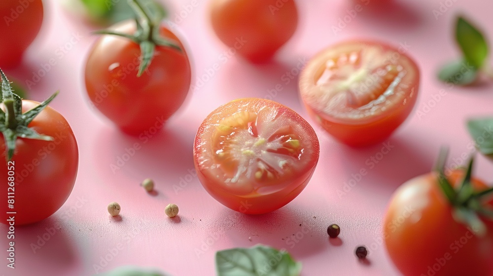 A collection of ripe tomatoes resting atop a table adjacent to a verdant foliage plant on top of a soft pink background A collection of ripe tomatoes resting atop a table adjacent to a verdant foliage plant on top of a soft pink background