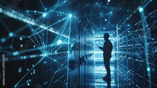 Technician Managing Server Data Center with Blue Neon Lights photo