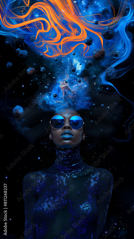 Naklejka premium Black woman in the cosmos, concept art