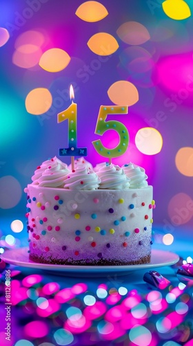 Sweet Birthday cake with number 15 on top on colorful bokeh background  15th years old happy birthday Cake  copy space  vertical photo