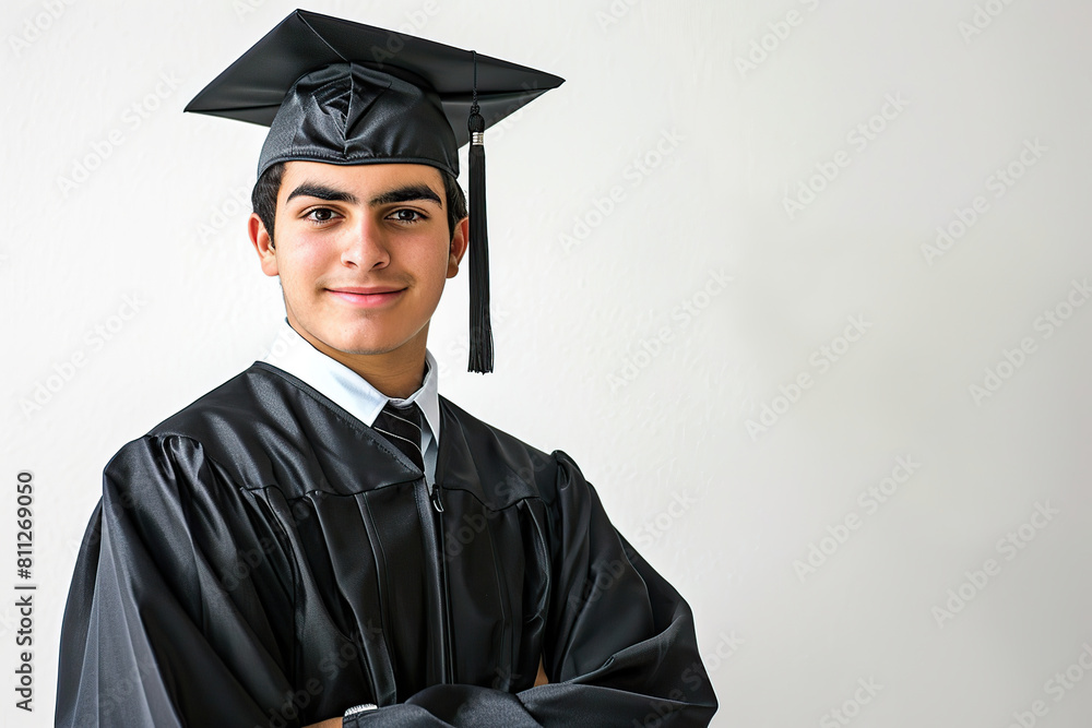 Attractive male graduate student in graduation gown and cap on grey background Attractive male graduate student in graduation gown and cap on grey background