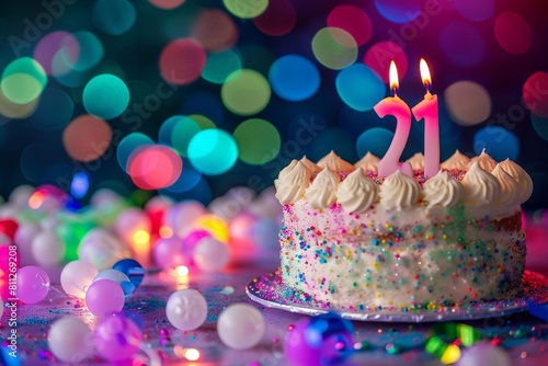 Sweet Birthday cake with number 21 on top on colorful bokeh background, 21th years old happy birthday Cake, copy space photo