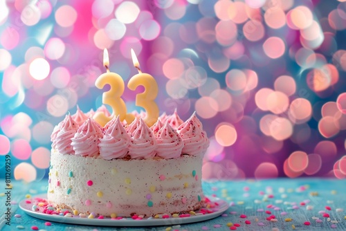 Sweet Birthday cake with number 33 on top on colorful bokeh background  33th years old happy birthday Cake  copy space