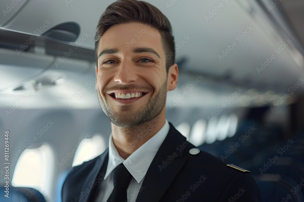 Beautiful young air hostess in an airplane Beautiful young air hostess in an airplane