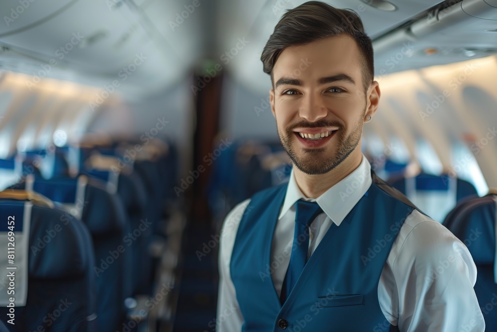 Beautiful young air hostess in an airplane Beautiful young air hostess in an airplane