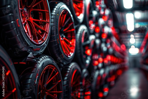 car tire shop with high-end sports rims stacked on top of each other in red and black. photo