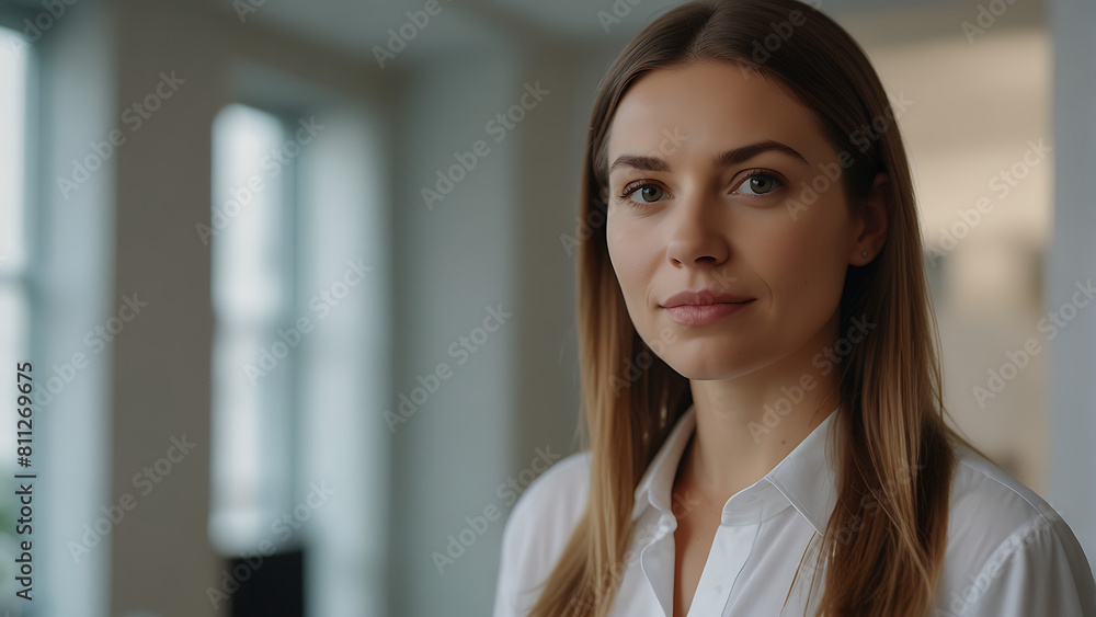 Woman executive director wearing a white suit coat in an office building Woman executive director wearing a white suit coat in an office building
