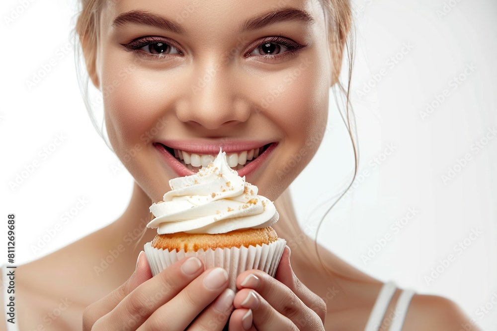 Beautiful woman holding sweet cupcake with whipped cream on white background