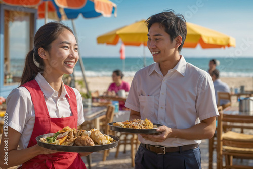 Asian waitress and Asian waiter in uniform with a tray brings food on a heavily blurred background of a beach restaurant