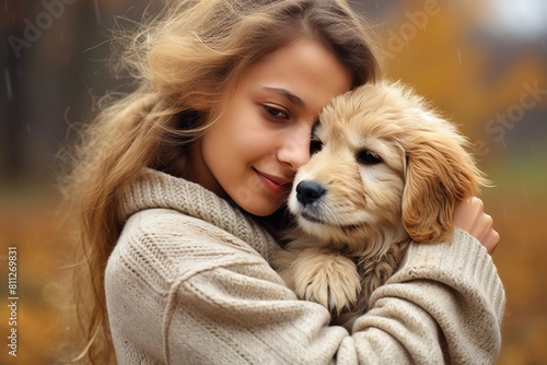 A young girl tenderly hugs a puppy on a blurred autumn background