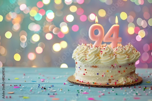 Sweet Birthday cake with number 94 on top on colorful bokeh background  94th years old happy birthday Cake  copy space  vertical photo
