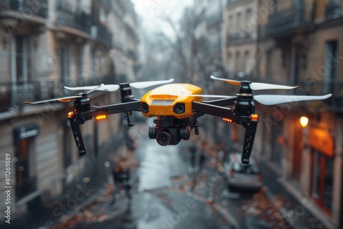 A vibrant yellow drone hovers above a wet, deserted urban street, creating an ambiance of surveillance