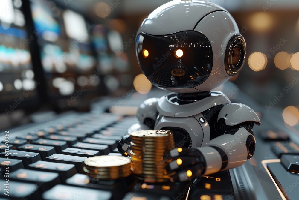 Fototapeta premium A futuristic robot interacting with stacks of coins on a keyboard depicting automation in finance