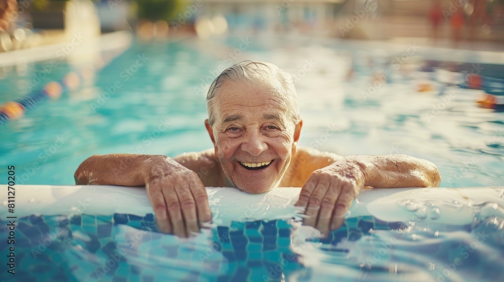 Fototapeta premium Portrait of a smiling senior male in water in pool