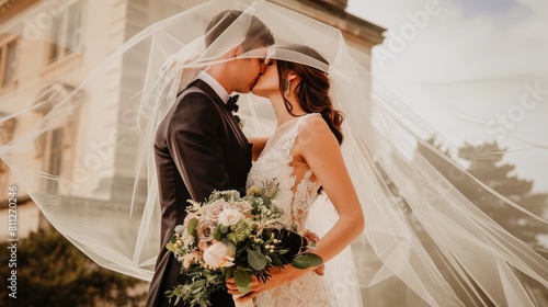 Bride and Groom Kissing in Front of a Building