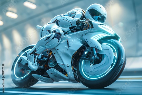 A modern, white futuristic motorcycle with a rider in full gear speeding through a high-tech tunnel