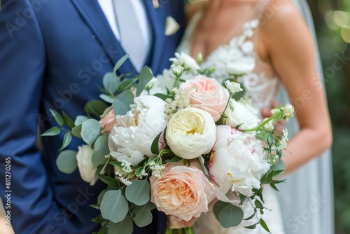 Bride and Groom Holding Bouquet of Flowers