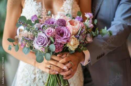 Bride Holding Bouquet of Flowers photo