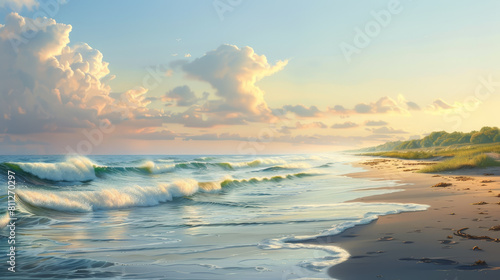 A painting of a beach with a cloudy sky and a wave