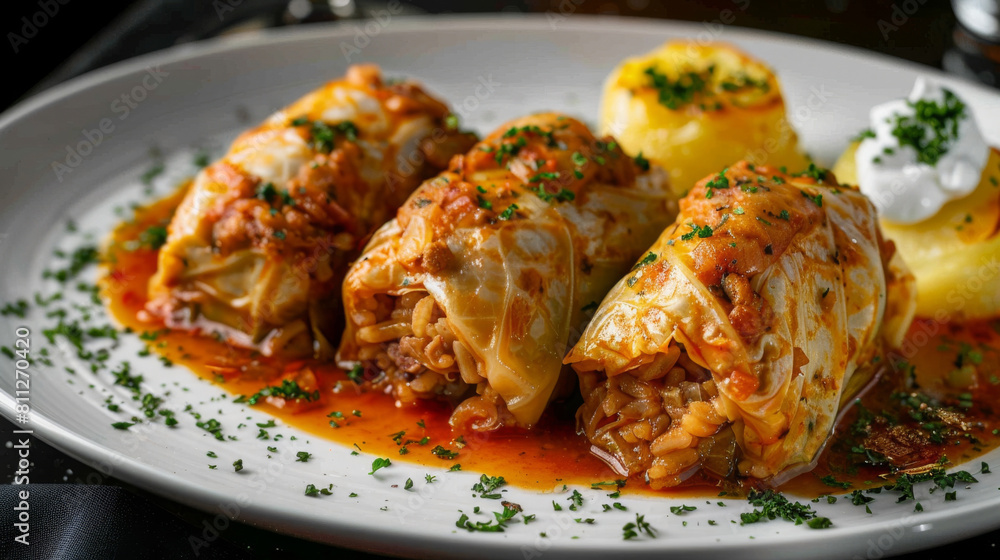 Savory estonian cabbage rolls filled with rice and meat, served alongside boiled potatoes topped with a dollop of sour cream Savory estonian cabbage rolls filled with rice and meat, served alongside boiled potatoes topped with a dollop of sour cream