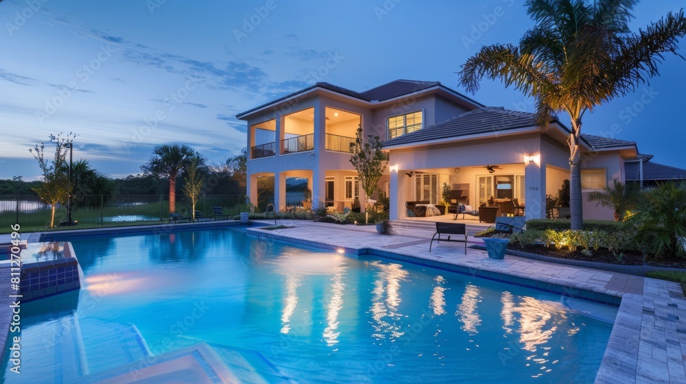 Swimming pool of a large mansion at dusk.