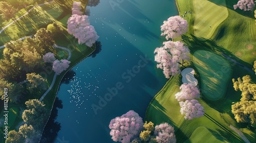 Aerial view of a pristine golf course, vibrant green fairways and azure blue water hazards, framed by flowering cherry blossom trees, late afternoon, long realistic