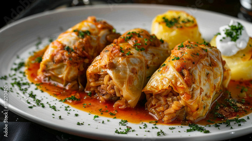 Savory estonian cabbage rolls filled with rice and meat, served alongside boiled potatoes topped with a dollop of sour cream photo