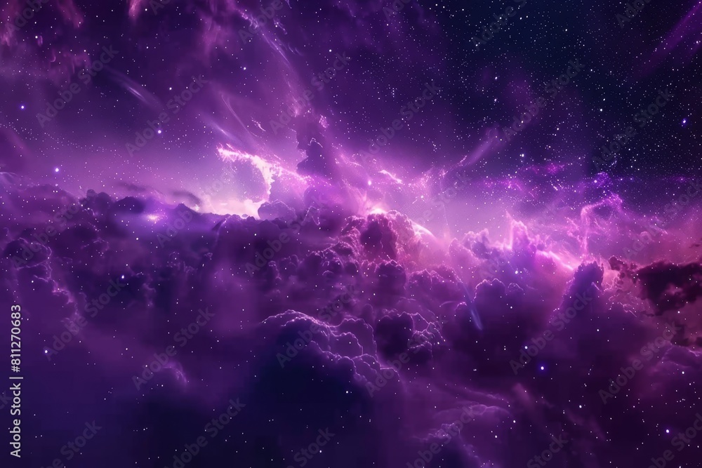 Purple sky filled with twinkling stars and fluffy clouds creating a mesmerizing scene, A mesmerizing purple nebula stretching across the horizon