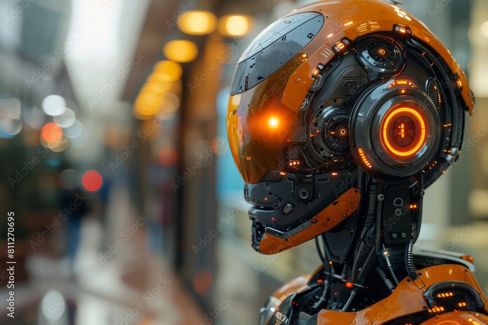 A highly detailed image showing a close-up of a futuristic robot's head featuring illuminated circular patterns and a glowing eye A highly detailed image showing a close-up of a futuristic robot's head featuring illuminated circular patterns and a glowing eye