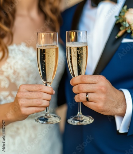 Bride and Groom Holding Champagne Flutes