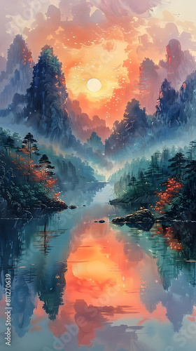 a painting of a river surrounded by mountains at sunset