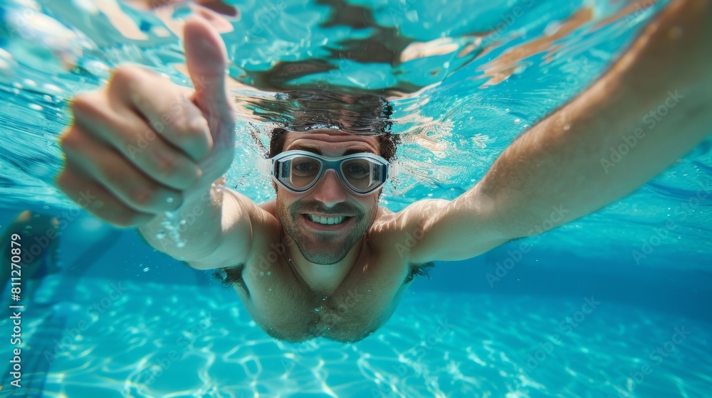 Naklejka premium Underwater portrait of happy male with thumbs up gesture in swimming pool.