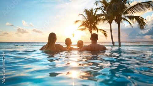 Family in tropical sea with palm tree in vacation at sunset.