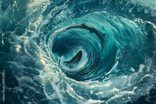 A large blue wave surges in the middle of the ocean, creating a mesmerizing sight with its powerful spiral pattern, A mesmerizing spiral pattern created by a shark's movement through the water