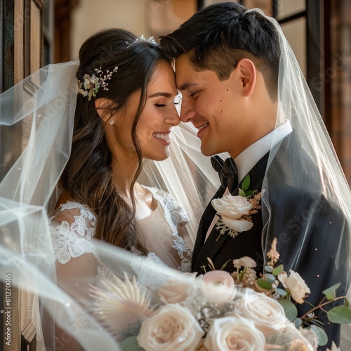 Bride and Groom Standing Together Under a Veil