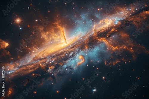 A breathtaking capture of the galaxy with cosmic dust, lively starbursts and gas clouds representing the vastness of space