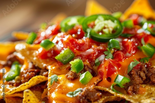 A messy pile of nachos covered in gooey cheese on a plate, A messy pile of nachos covered in gooey cheese, salsa, and jalapenos photo