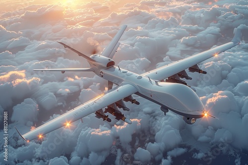 An unmanned white aircraft is beautifully captured in flight amongst a sea of fluffy clouds bathed in golden light