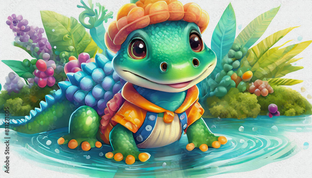 oil painting style CARTOON CHARACTER CUTE BABY crocodile isolated on white background, top view oil painting style CARTOON CHARACTER CUTE BABY crocodile isolated on white background, top view