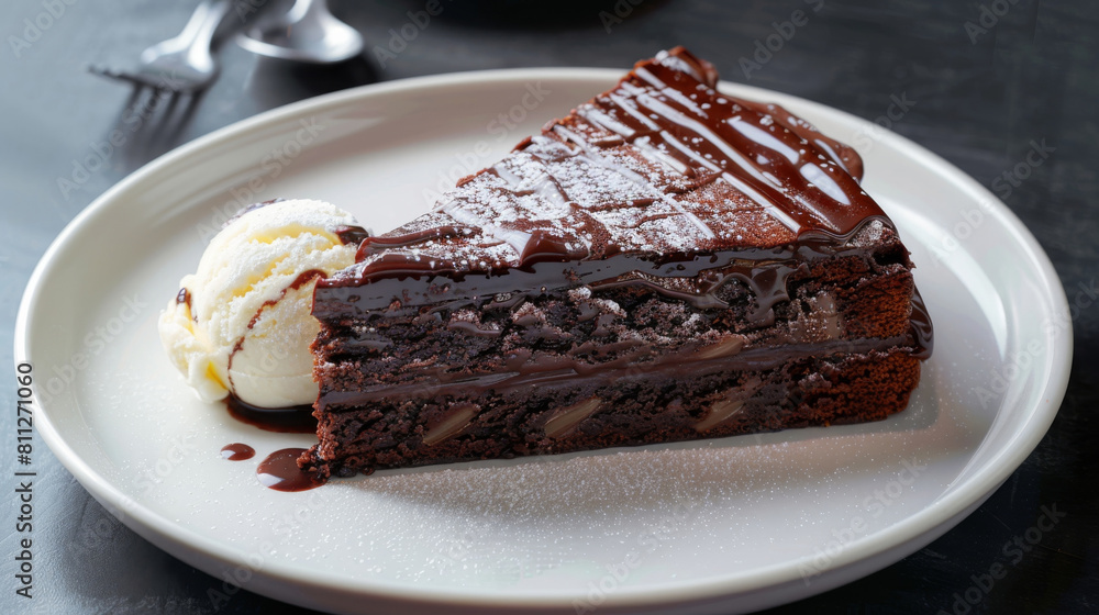Estonian chocolate cake with vanilla ice cream and chocolate syrup on a dark background in a traditional setting Estonian chocolate cake with vanilla ice cream and chocolate syrup on a dark background in a traditional setting
