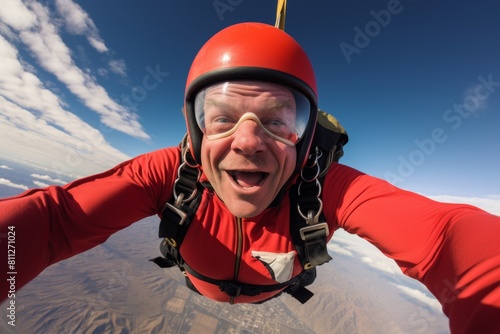 A Thrilling Glimpse of Adventure: Close-Up Portrait of a Skydiver with the Exhilarating Backdrop of a Drop Zone Mid-Jump